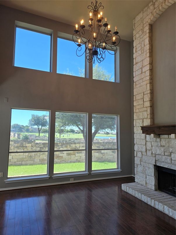 Chandelier, Fireplace, Interior, Stone Walls, Wood Texture Flooring