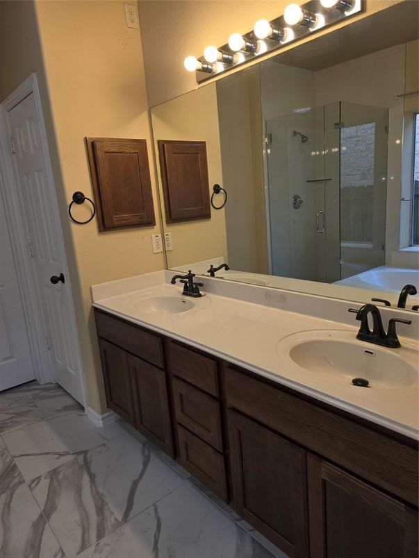 Bathroom, Dual Sink Vanities, Glass Shower, Interior, Marble