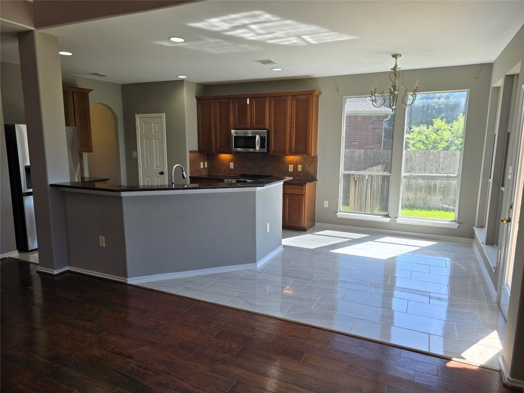 Chandelier, Interior, Kitchen, Recessed Lighting, Wood Texture Flooring