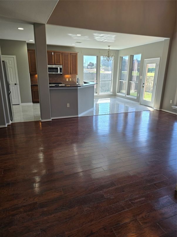 Chandelier, Empty room, Interior, Kitchen, Recessed Lighting, Wood Texture Flooring