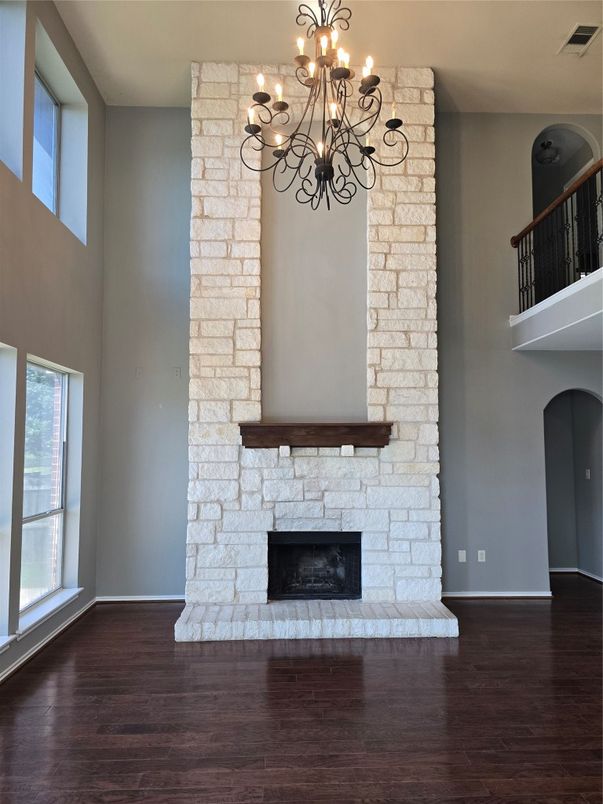 Chandelier, Fireplace, Interior, Stone Walls, Wood Texture Flooring