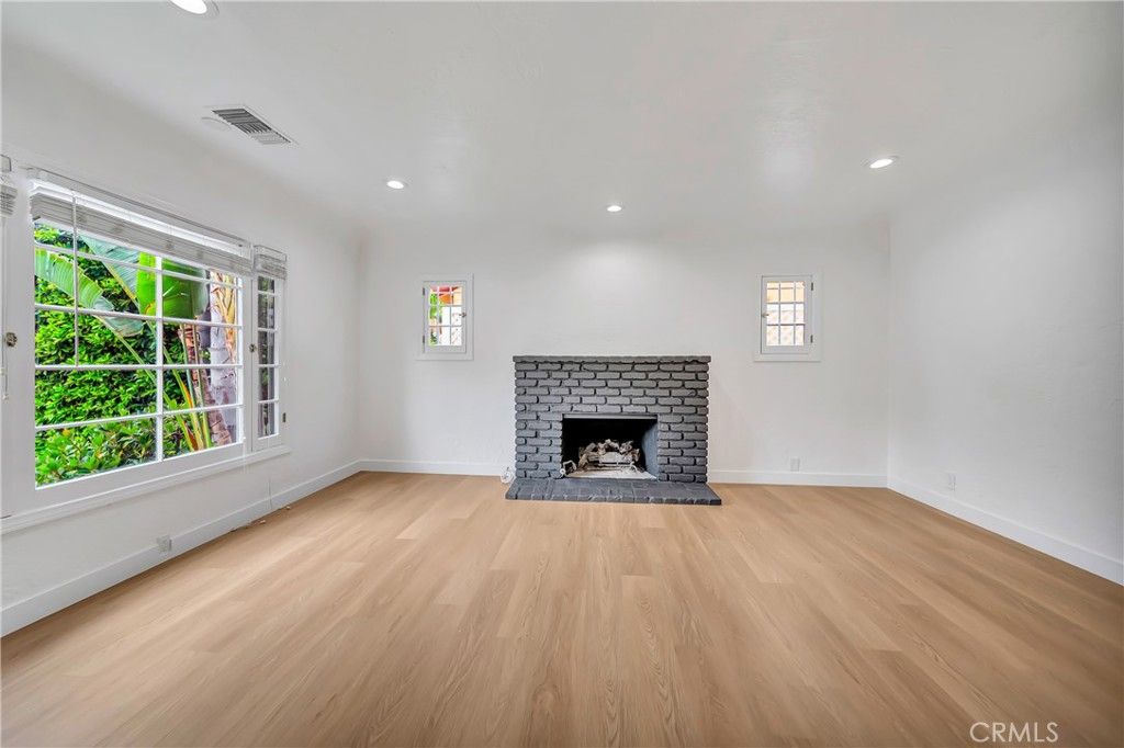 Empty room, Fireplace, Interior, Recessed Lighting, Wood Texture Flooring