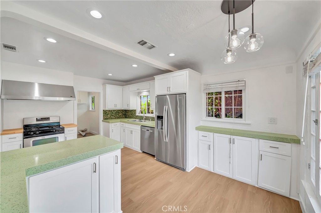 Interior, Kitchen, Pendant Lights, Recessed Lighting, Stainless Steel Appliances, Wood Texture Flooring