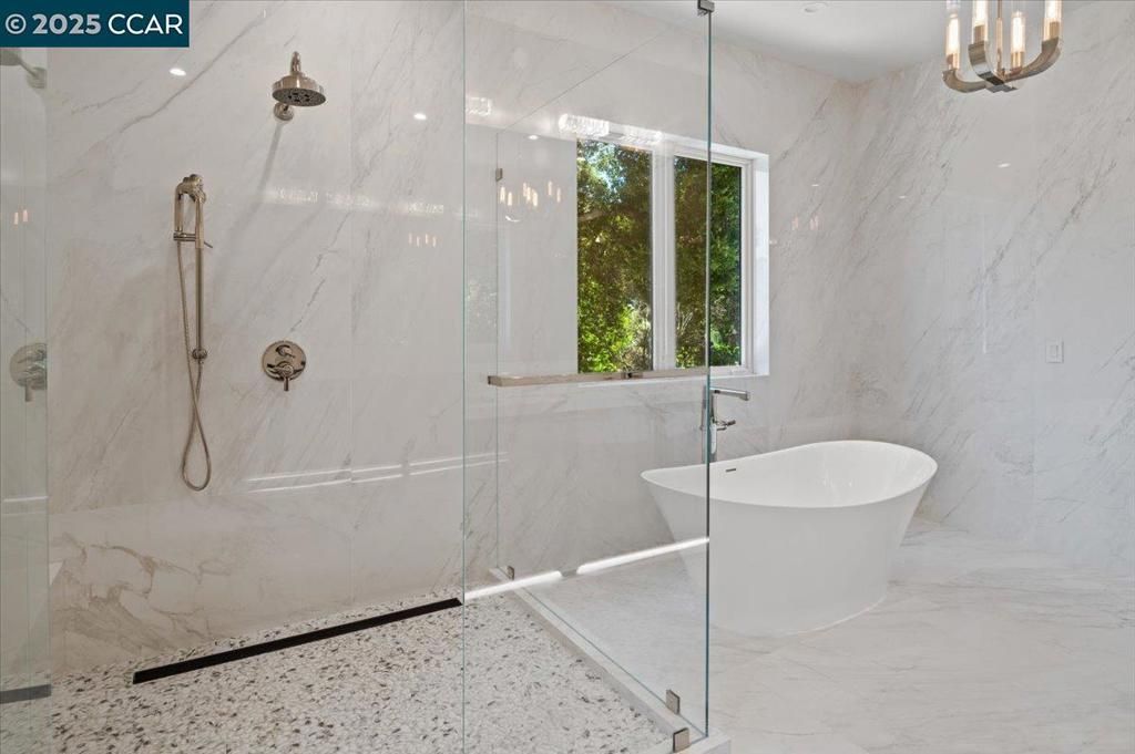 Bathroom, Free Standing Baths, Glass Shower, Interior, Marble, Marble Walls, Recessed Lighting