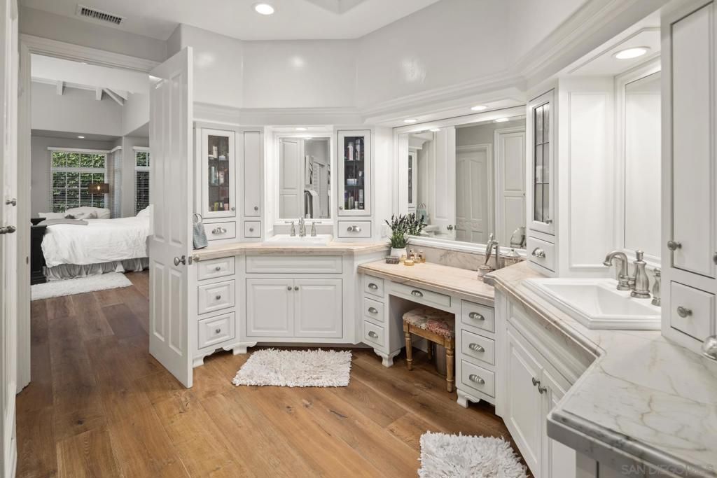 Bathroom, Bedroom, Dual Sink Vanities, Interior, Recessed Lighting, Wood Texture Flooring