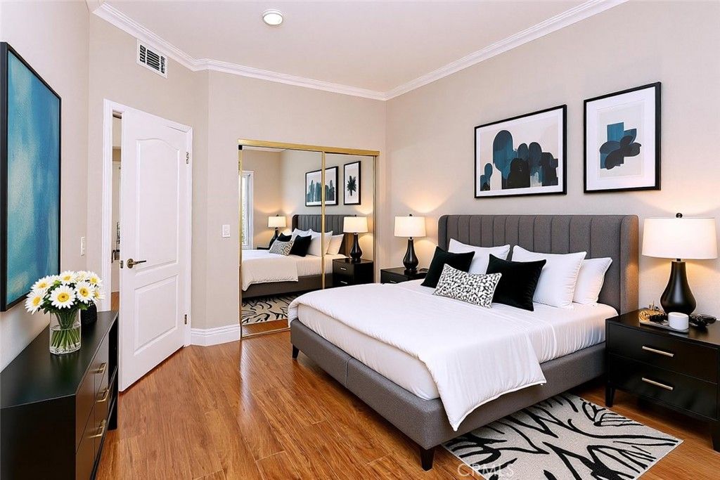 Bedroom, Interior, Recessed Lighting, Wood Texture Flooring