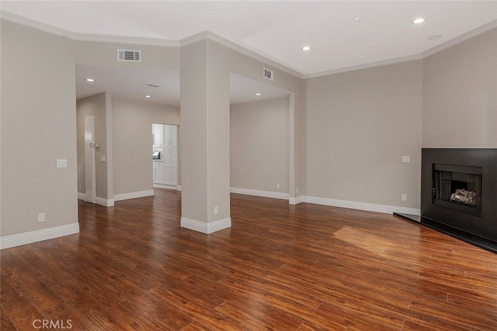 Empty room, Fireplace, Interior, Recessed Lighting, Wood Texture Flooring