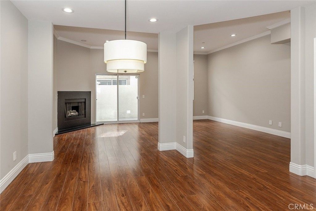 Empty room, Fireplace, Interior, Recessed Lighting, Wood Texture Flooring