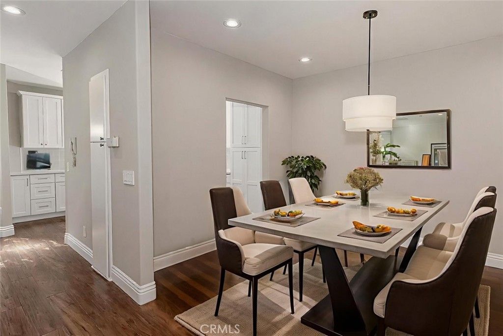 Dining room, Interior, Pendant Lights, Recessed Lighting, Wood Texture Flooring