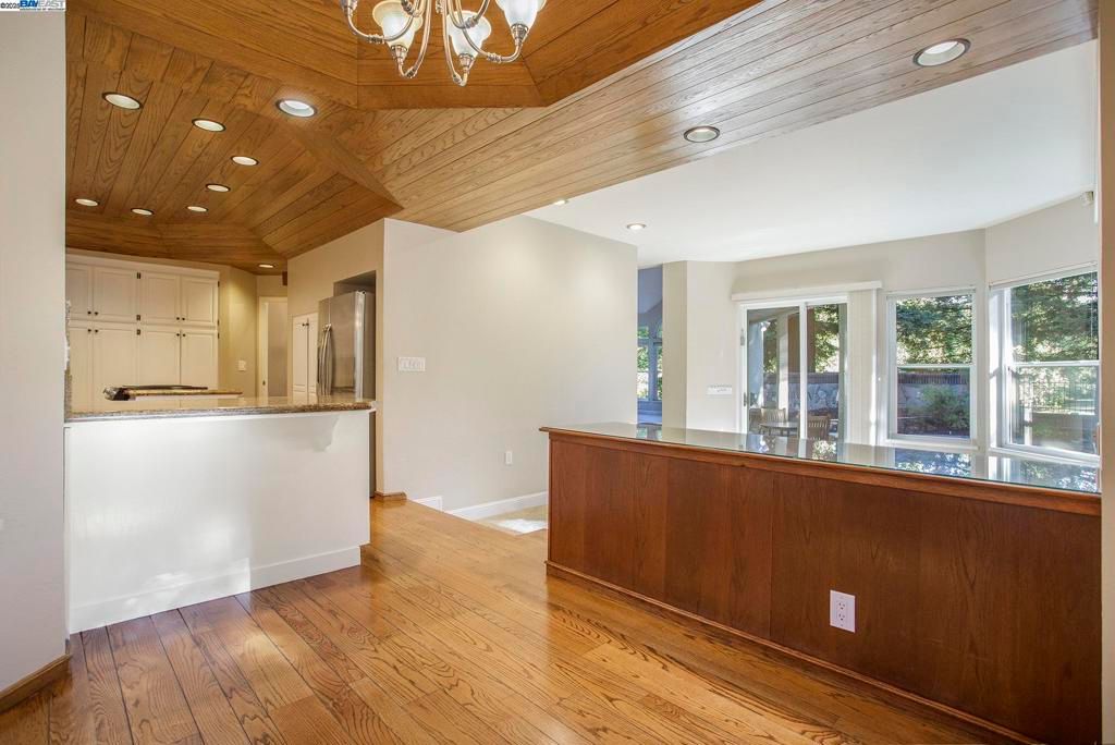 Chandelier, Interior, Kitchen, Recessed Lighting, Wooden Ceilings, Wood Texture Flooring