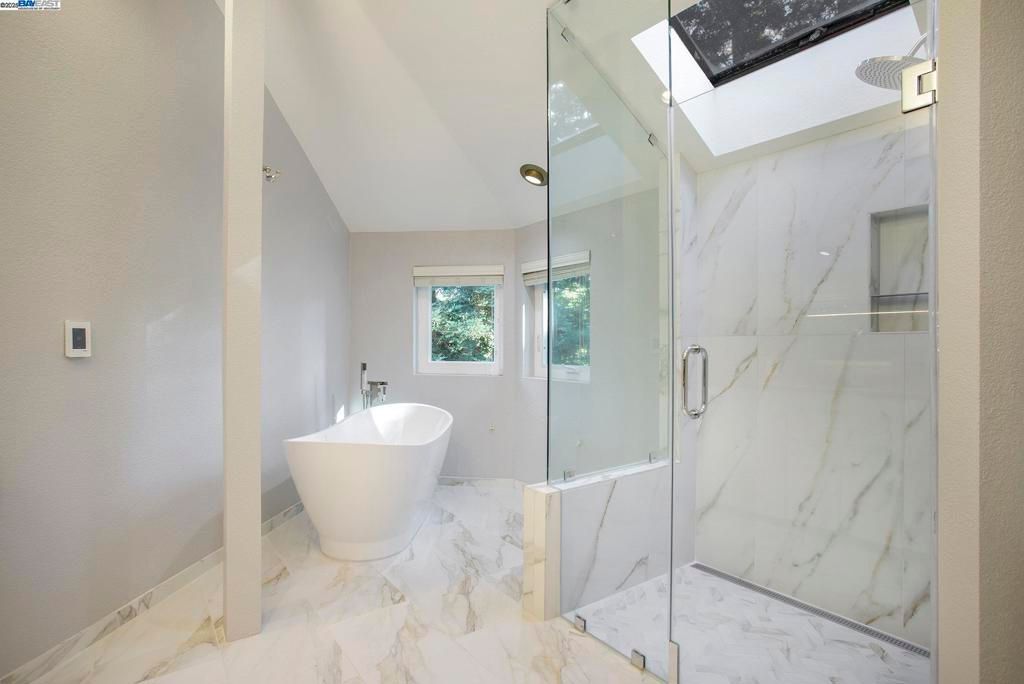 Bathroom, Free Standing Baths, Glass Shower, Interior, Marble, Marble Walls, Recessed Lighting