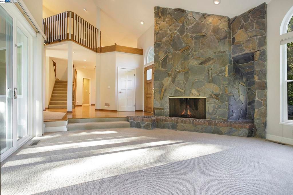 Fireplace, Interior, Recessed Lighting, Stone Walls