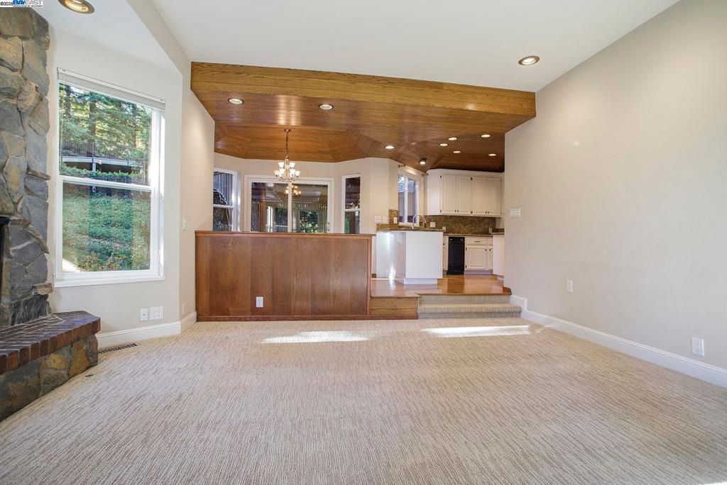 Chandelier, Fireplace, Interior, Kitchen, Recessed Lighting, Wooden Beams, Wooden Ceilings