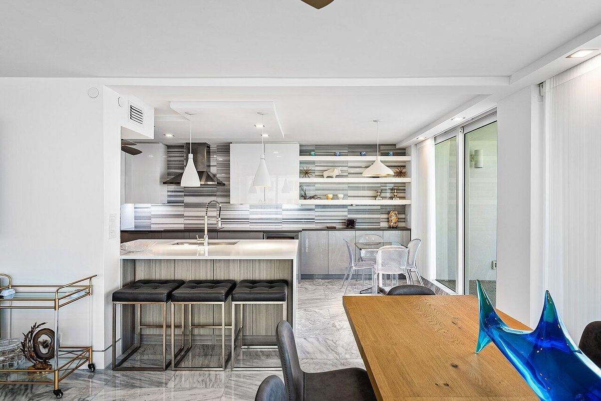 Interior, Kitchen, Marble, Pendant Lights, Recessed Lighting, Stainless Steel Appliances