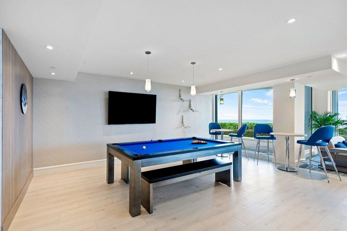Billiard Table, Game Room, Interior, Pendant Lights, Recessed Lighting, Water, Wood Texture Flooring