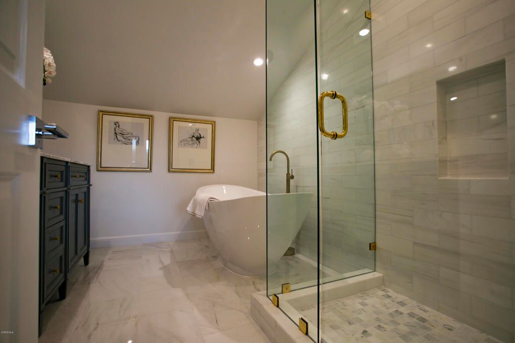 Bathroom, Free Standing Baths, Glass Shower, Interior, Marble, Recessed Lighting