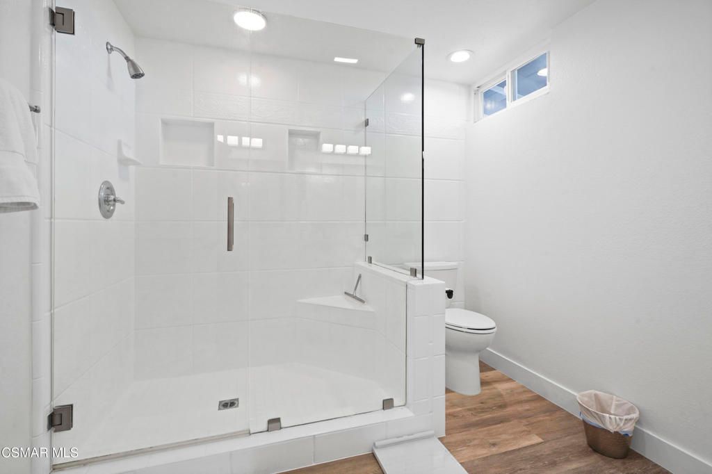 Bathroom, Glass Shower, Interior, Recessed Lighting, Wood Texture Flooring