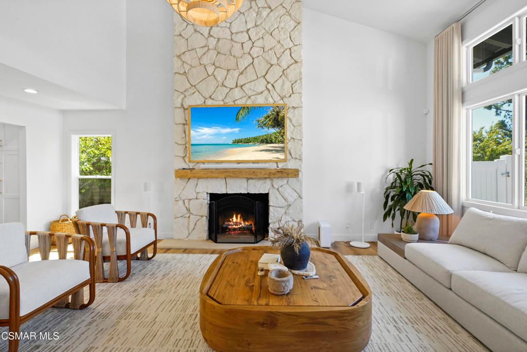 Fireplace, Interior, Living room, Recessed Lighting, Stone Walls
