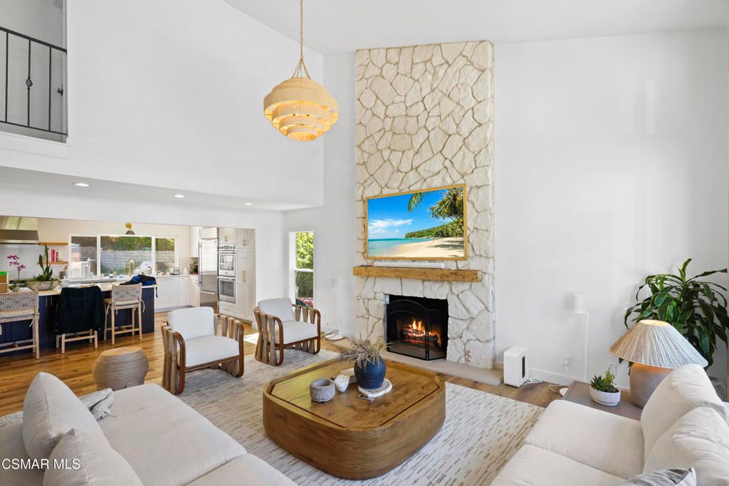 Dining room, Fireplace, Interior, Kitchen, Living room, Pendant Lights, Recessed Lighting, Stone Walls, Wood Texture Flooring