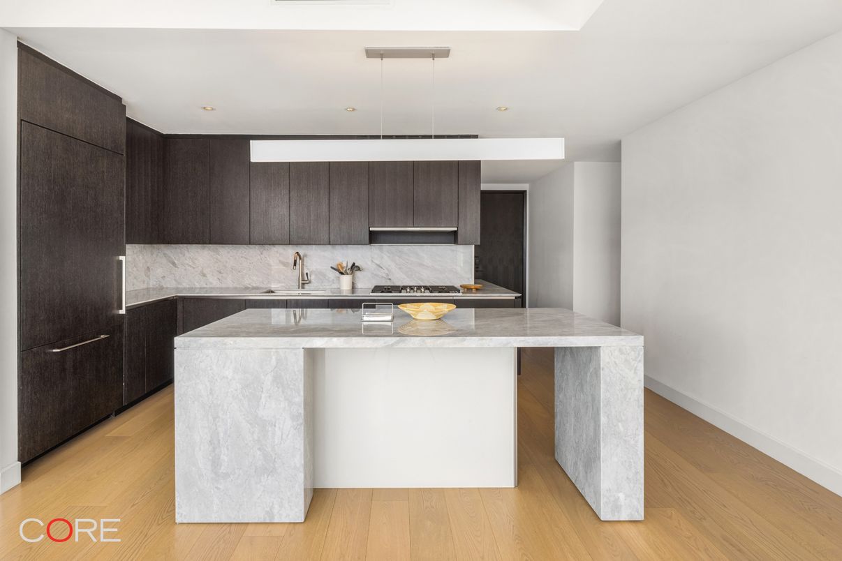 Interior, Kitchen, Marble Walls, Pendant Lights, Recessed Lighting, Wood Texture Flooring