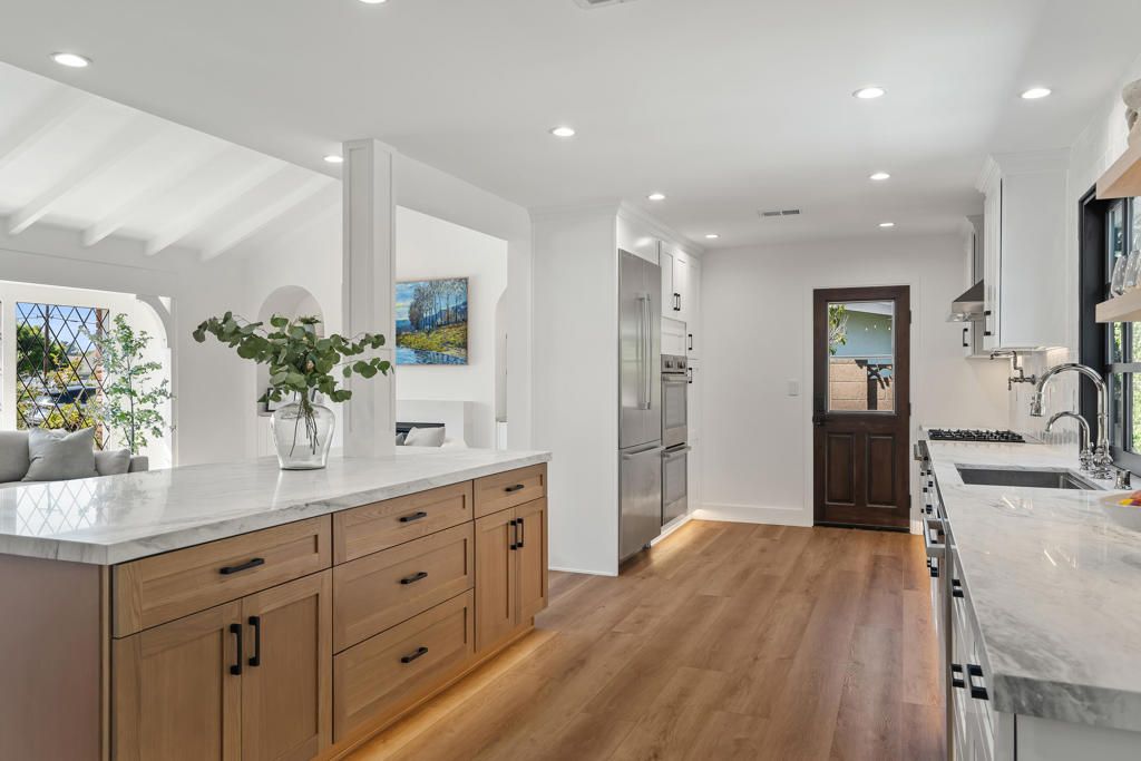 Interior, Kitchen, Recessed Lighting, Stainless Steel Appliances, Wood Texture Flooring