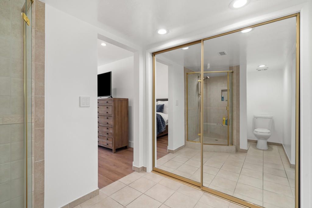Bathroom, Glass Shower, Interior, Recessed Lighting, Wood Texture Flooring