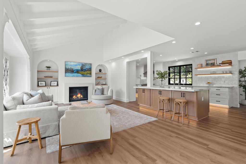 Fireplace, Interior, Living room, Recessed Lighting, Wood Texture Flooring