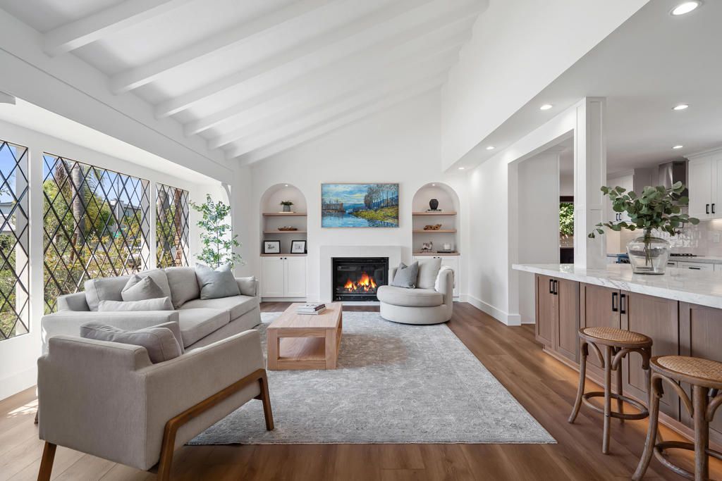 Fireplace, Interior, Living room, Recessed Lighting, Wood Texture Flooring