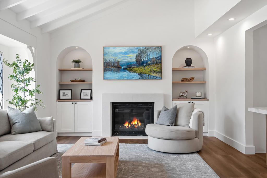 Fireplace, Interior, Living room, Recessed Lighting, Wood Texture Flooring