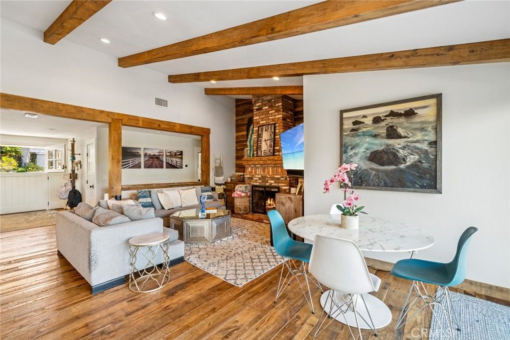 Dining room, Fireplace, Interior, Living room, Recessed Lighting, Stone Walls, Wooden Beams, Wood Texture Flooring