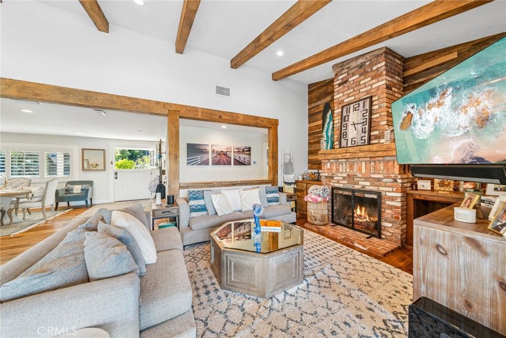 Fireplace, Interior, Living room, Recessed Lighting, Stone Walls, Wooden Beams, Wood Texture Flooring