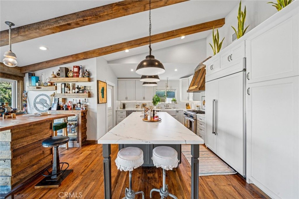 Interior, Kitchen, Pendant Lights, Recessed Lighting, Wooden Beams, Wood Texture Flooring