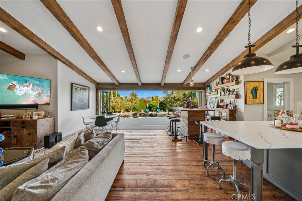 Dining room, Interior, Living room, Pendant Lights, Recessed Lighting, Wooden Beams, Wood Texture Flooring