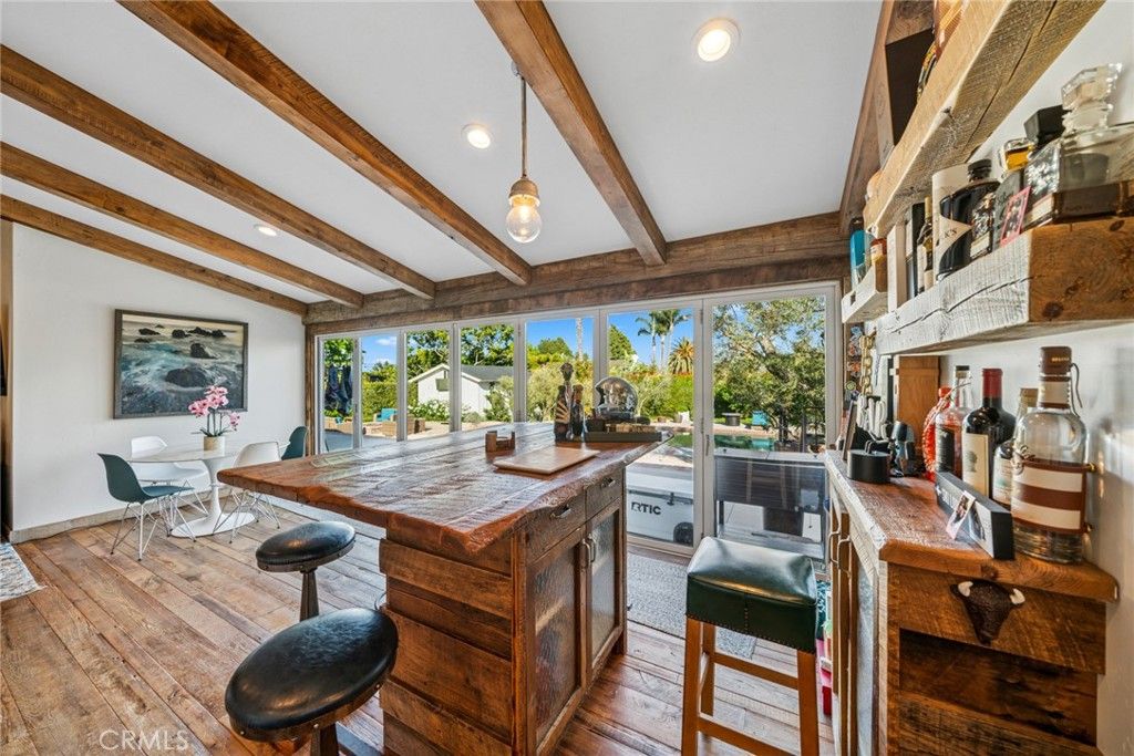 Dining room, Interior, Pendant Lights, Recessed Lighting, Wooden Beams, Wood Texture Flooring