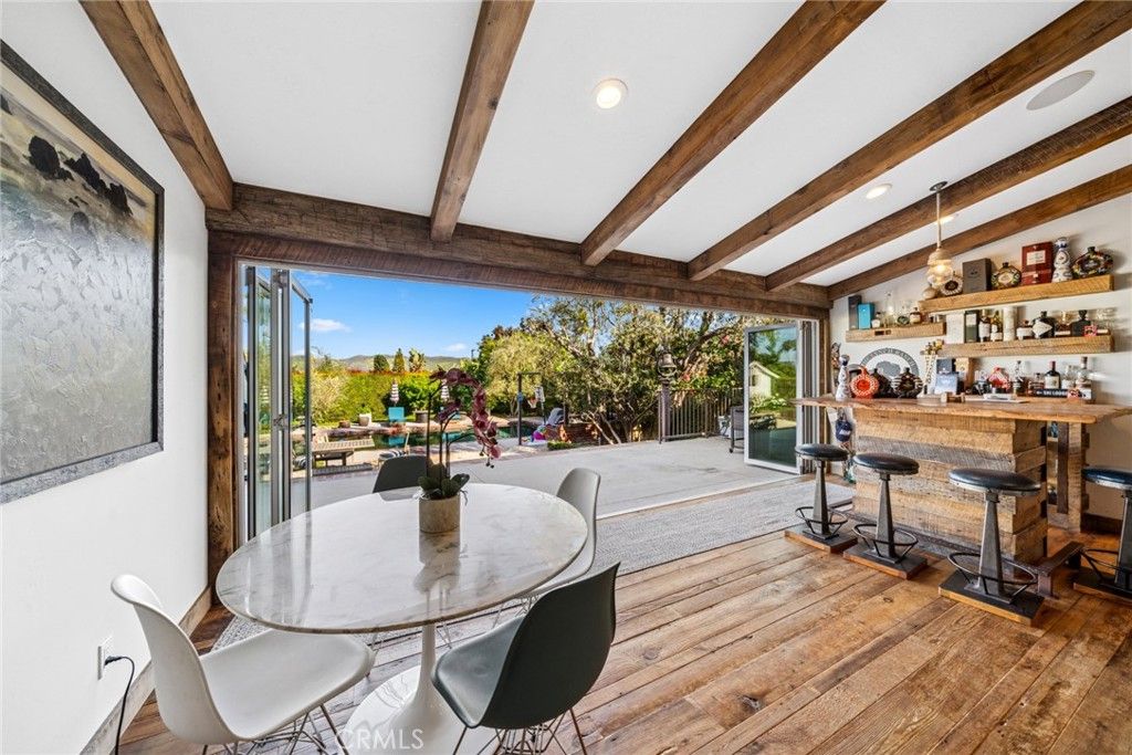 Dining room, Interior, Pendant Lights, Recessed Lighting, Wooden Beams, Wood Texture Flooring