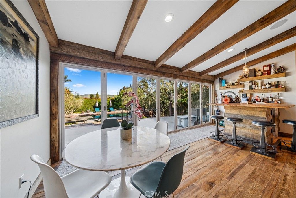 Dining room, Interior, Pendant Lights, Recessed Lighting, Wooden Beams, Wood Texture Flooring