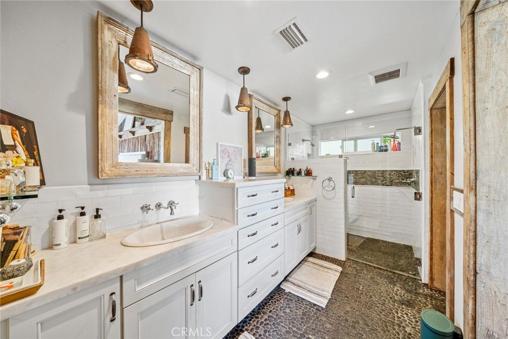 Bathroom, Dual Sink Vanities, Glass Shower, Interior, Pendant Lights, Recessed Lighting