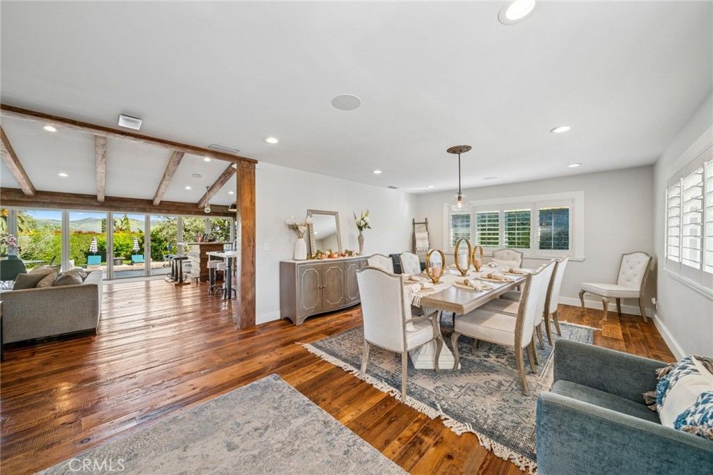 Dining room, Interior, Living room, Pendant Lights, Recessed Lighting, Wooden Beams, Wood Texture Flooring