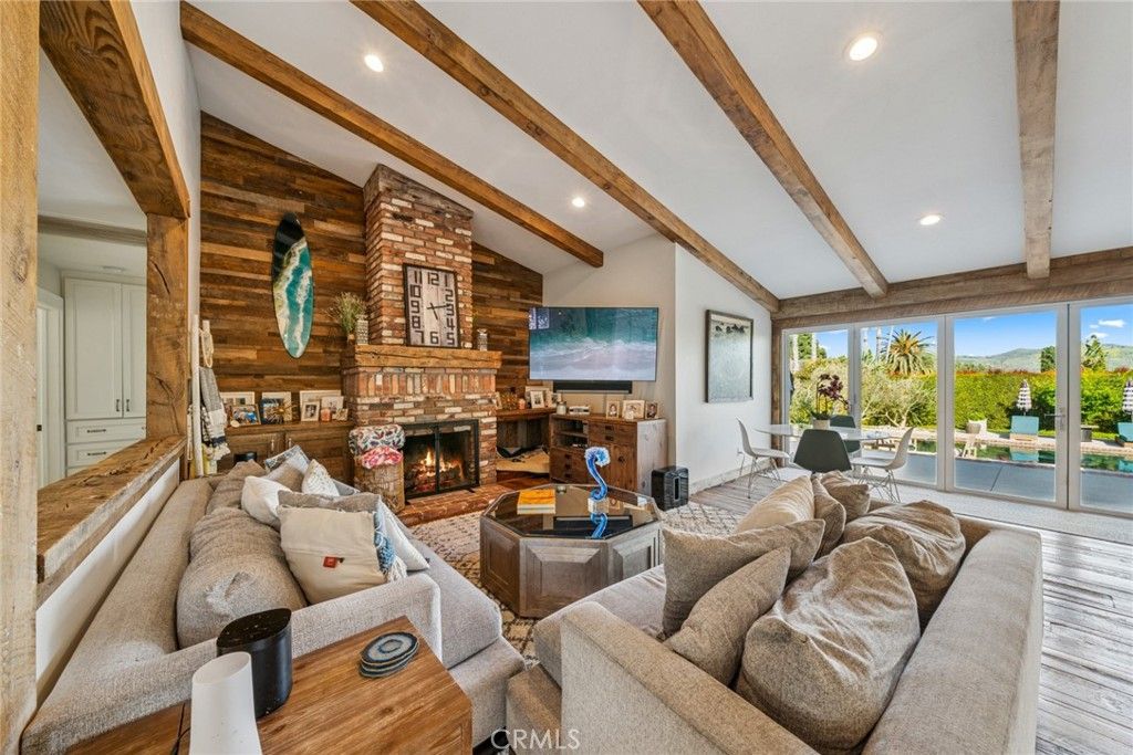 Fireplace, Interior, Living room, Recessed Lighting, Stone Walls, Wooden Beams, Wood Texture Flooring, Wooden Walls