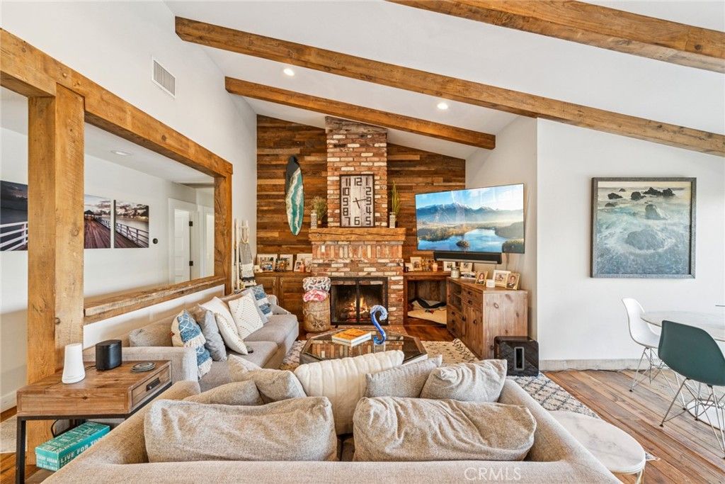 Fireplace, Interior, Living room, Recessed Lighting, Stone Walls, Wooden Beams, Wood Texture Flooring