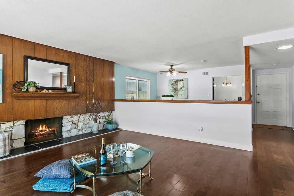 Fireplace, Interior, Recessed Lighting, Wood Texture Flooring, Wooden Walls