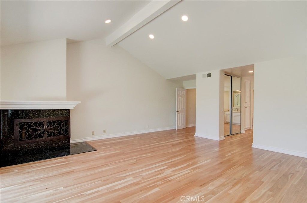 Empty room, Fireplace, Interior, Recessed Lighting, Wood Texture Flooring