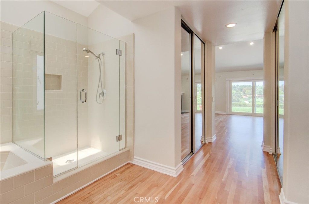 Bathroom, Glass Shower, Interior, Recessed Lighting, Wood Texture Flooring