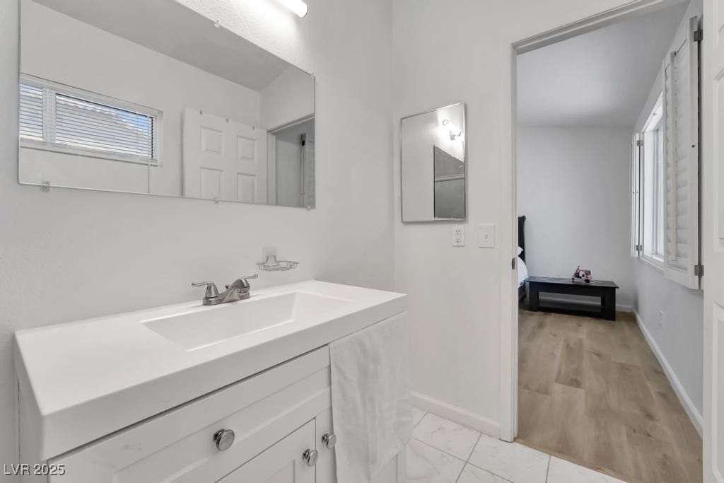Bathroom, Dual Sink Vanities, Interior, Marble, Wood Texture Flooring