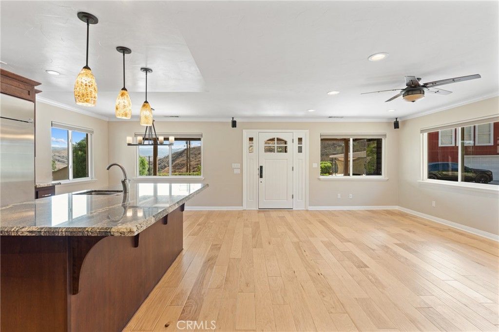 Empty room, Interior, Kitchen, Pendant Lights, Recessed Lighting, Wood Texture Flooring
