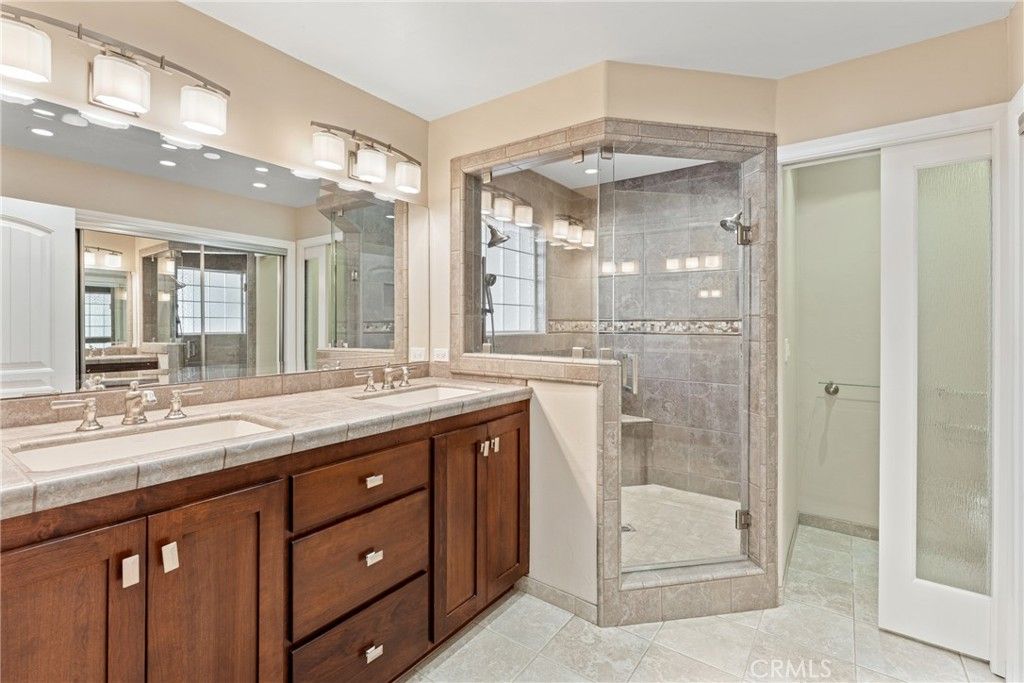 Bathroom, Dual Sink Vanities, Glass Shower, Interior, Recessed Lighting, Tile Countertops