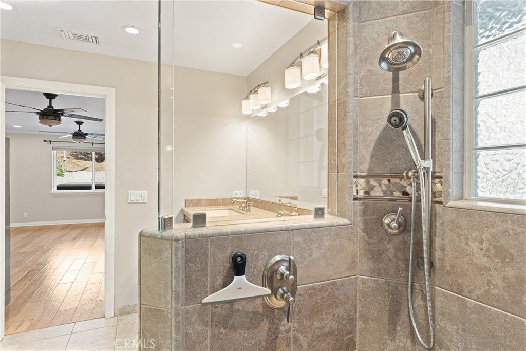 Bathroom, Glass Shower, Interior, Recessed Lighting, Wood Texture Flooring