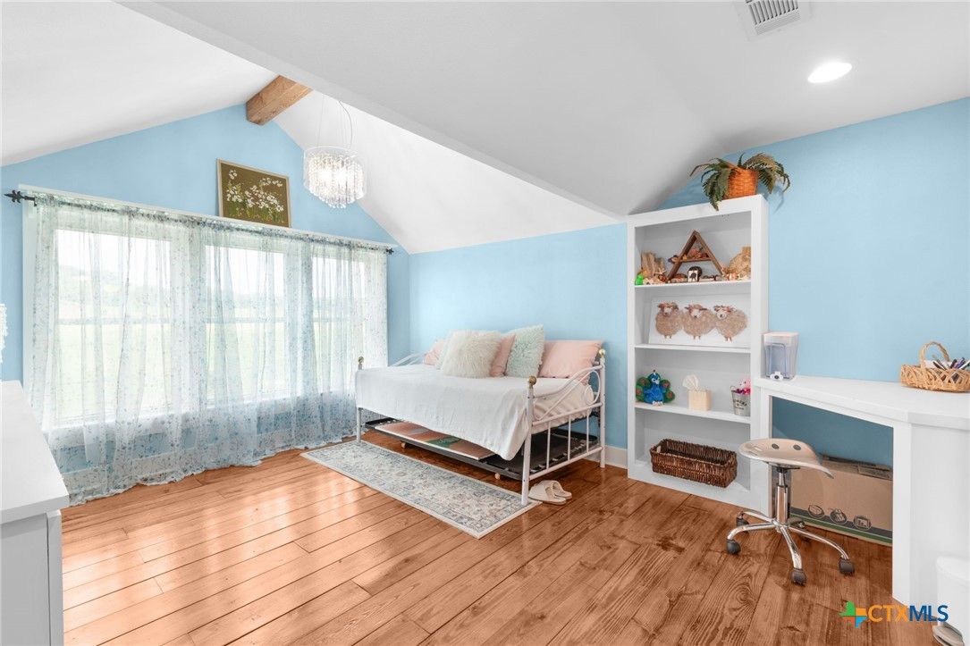 Bedroom, Chandelier, Home Office, Interior, Recessed Lighting, Wooden Beams, Wood Texture Flooring