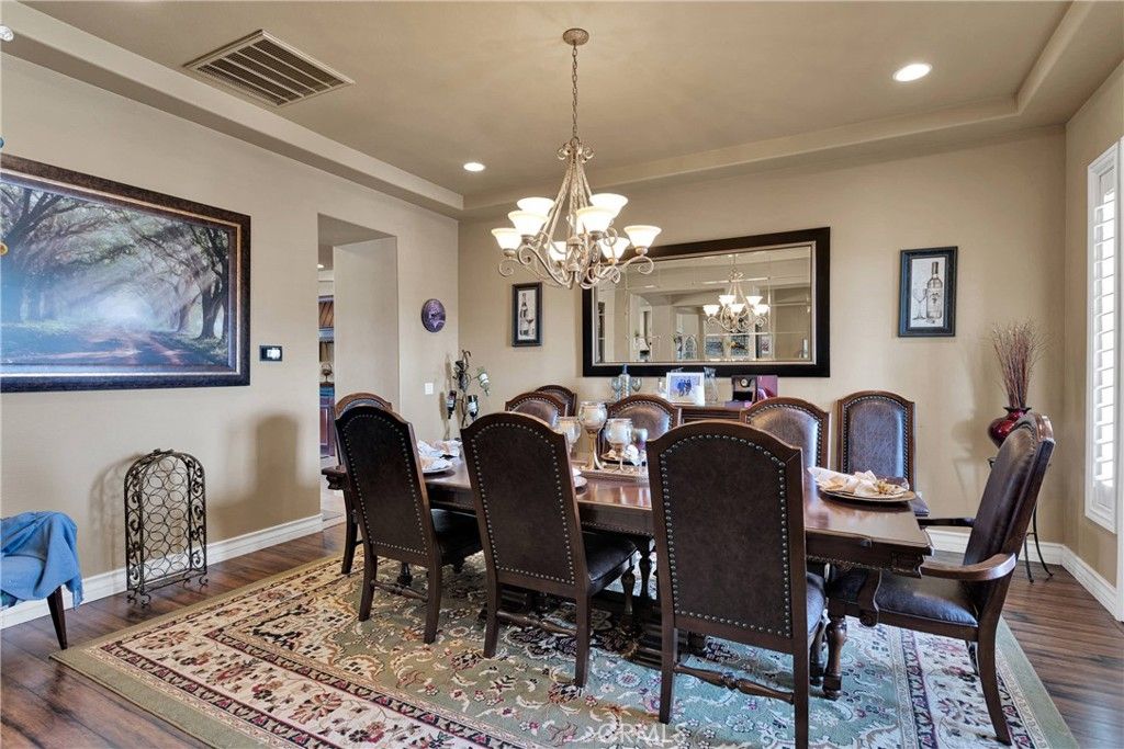 Chandelier, Dining room, Interior, Recessed Lighting, Wood Texture Flooring