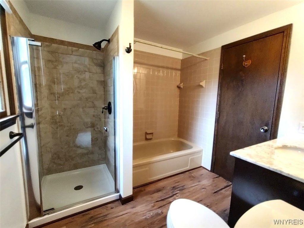 Bathroom, Glass Shower, Interior, Wood Texture Flooring